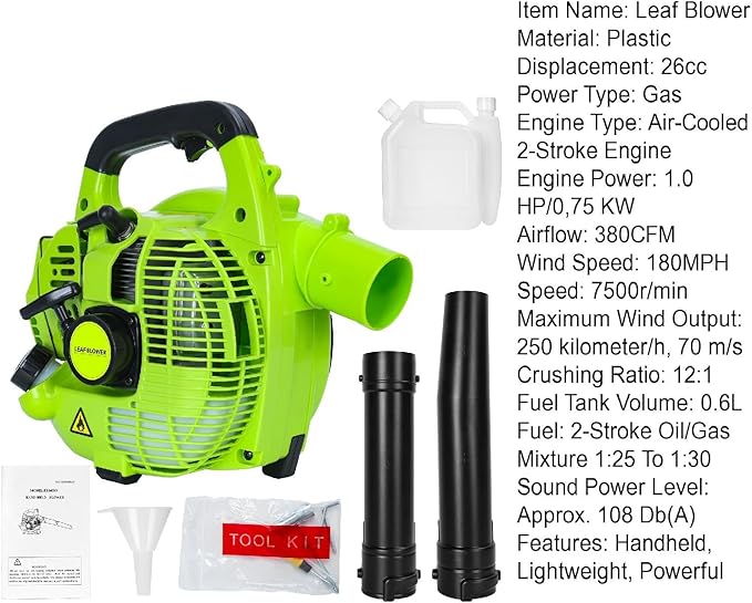 2-Stroke Handheld Leaf Blower Gas Powered Leaf Blower 26cc Gas Grass Sweeper Handheld Petrol Blower Powerful Clearing Blower for Lawn Care Snow Blowing and Yard Cleaning US Green