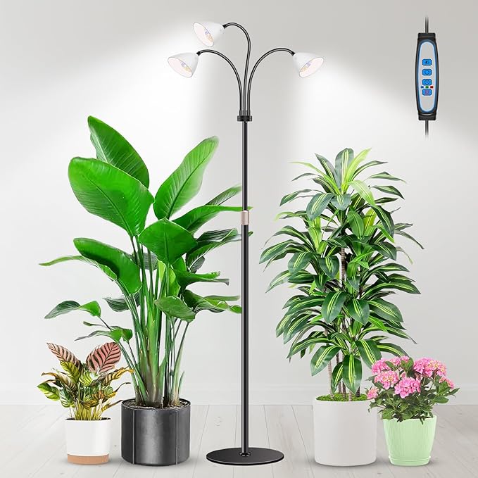 Wolezek Grow Lights for Indoor Plants with Stand 3-Head 78 LEDs Full Spectrum Floor Plant Grow Lamp for Large Plants Auto On/Off Timer 6/12/16H 5 Dimmable Levels Adjustable Height 16.5-61