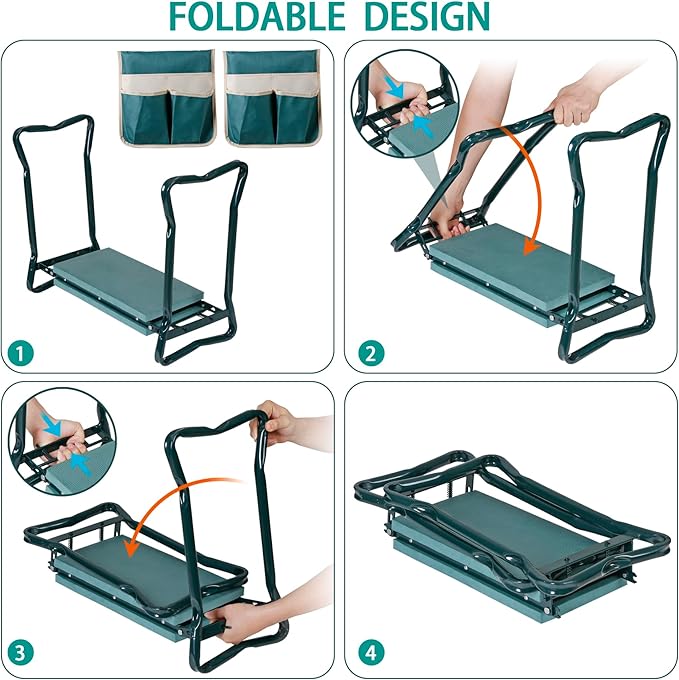 Smartxchoices 8 Wide Garden Kneeler Seat Folding Garden Bench Stool with Two Tool Multi-use Pouches Heavy Duty Yard Gardening Chair with Soft Kneeling Pad Green