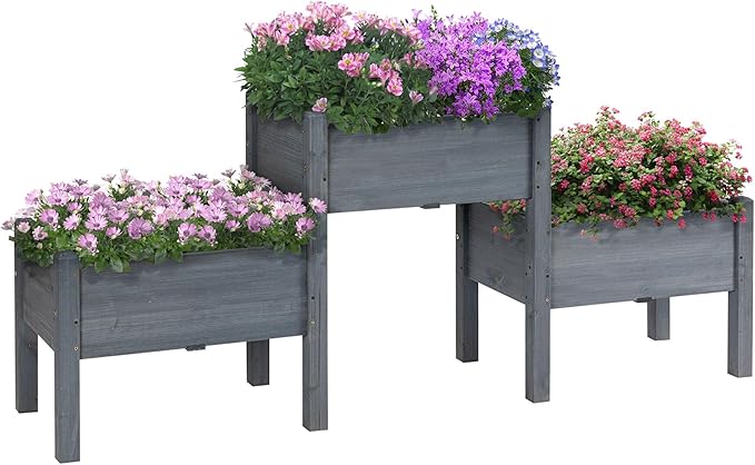 73x18x32 3Tier Raised Wood Garden Planter Durable Finish All-Season Durability Freestanding Grey Heavy-Duty Structure Weather-Resistant
