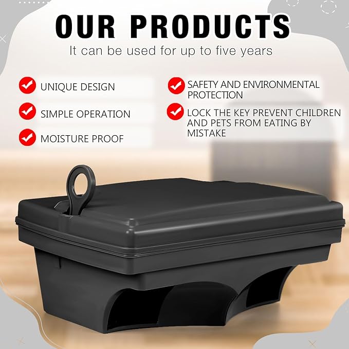 Qualirey 6 Pcs Rat Bait Stations with 6 Keys Reusable Heavy Duty for Rodents Outdoor Mouse Large Station Holder Traps for Mice Pests Bait Not Included(Black)