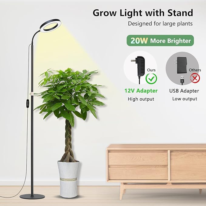 Grow Light for Indoor Plants Full Spectrum LED Halo Plant Lights with Stand Floor Standing Growing Lamp with Adjustable HeightAuto Timer for Tall Large Plant (20W-Black)