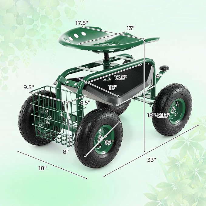 DORTALA 4-Wheel Rolling Garden Cart Work Seat with 360 Swivel &amp Height Adjustable Seat Heavy Duty Planting Cart with Storage Basket Green