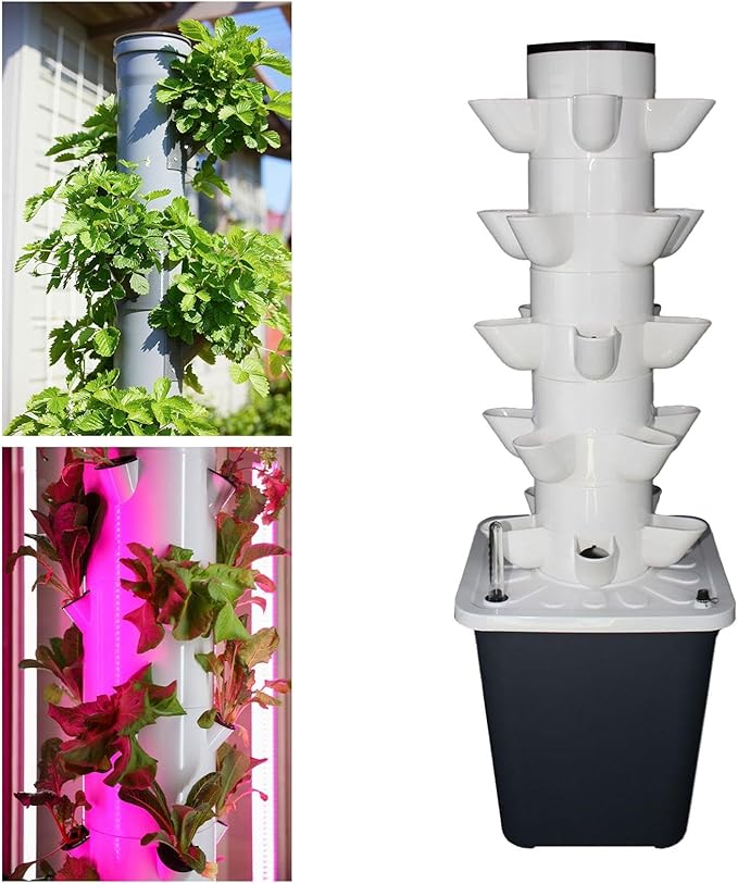 Hydroponic Grow Rack Hydroponic Grow System Tower Indoor Outdoor Home Plant Germination Kit Vertical Garden Planter Water Pump PVC Suitable for Yard S 25Holes