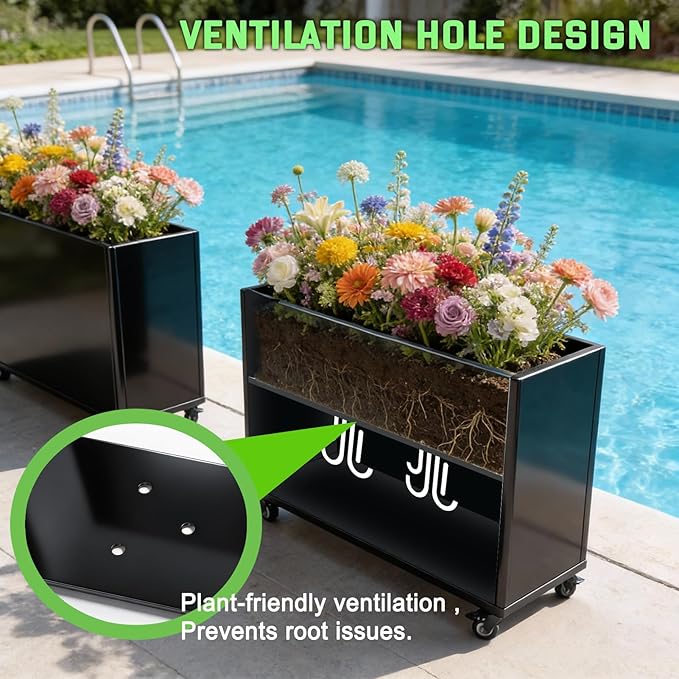 Modern Metal Planter Box Large Rectangular Planter for Outdoor Plants - Heavy Duty Tall Planter Box with Lockable Wheels Outdoor Planter for Porch/Patio/Garden (Black 38x12x24.5)