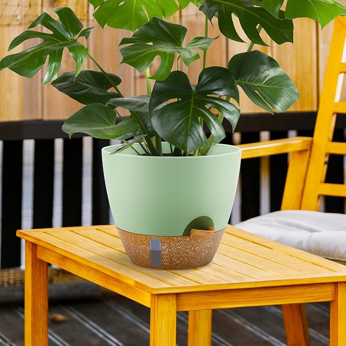 Self-Watering Plant Pots with Water Level Indicator Drainage Holes &amp Saucers – 12/10/9 Inch Large Plastic Planter Set for Indoor &amp Outdoor Plants (Green)