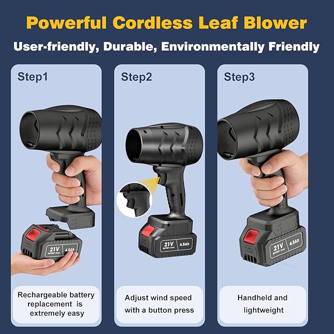 Electric Mini Leaf Blower Powered Handheld Blower Leaf Adjustable Wind Speed Cordless 21V Battery Blower with 2 Rechargeable Batteries and Charger Toolbox for Yard Leaf &amp Snow Removal(Black)
