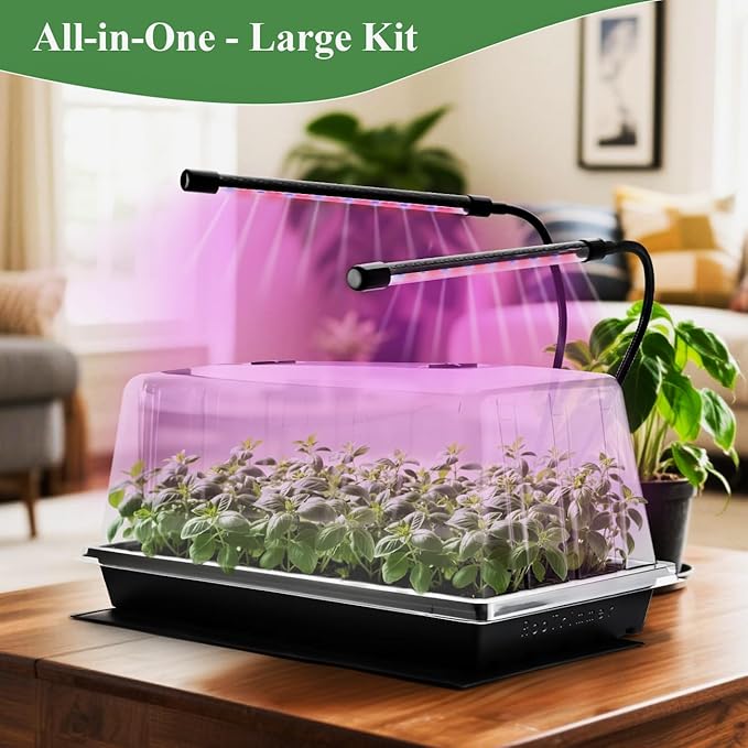 2-pack 1020 Trays with 7.3'' Domes &amp Heat Mats &amp Grow Lights – Heavy-Duty 1020 Seed Starter Kits Seedling Trays with Humidity Domes &amp Waterproof Heating Mats &amp LED Lights for Germinat