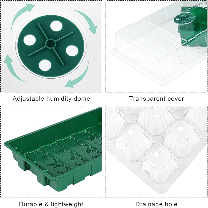 Elcoho 6 Pack Seed Starter Tray Kit 40 Cells Seedling Trays with Humidity Dome and Base Mini Propagator Plant Nursery Pots Total 240 Cells for Greenhouse Plants Growing Green