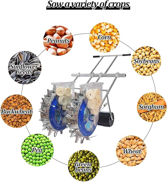 Double Wheels Push Garden Seeder Metal Precision Hand-Push Seeder Manual Roller Seeding Machine Row Planter and Fertilizer Applicator for Terraced Farm Garden(9 Nozzles)