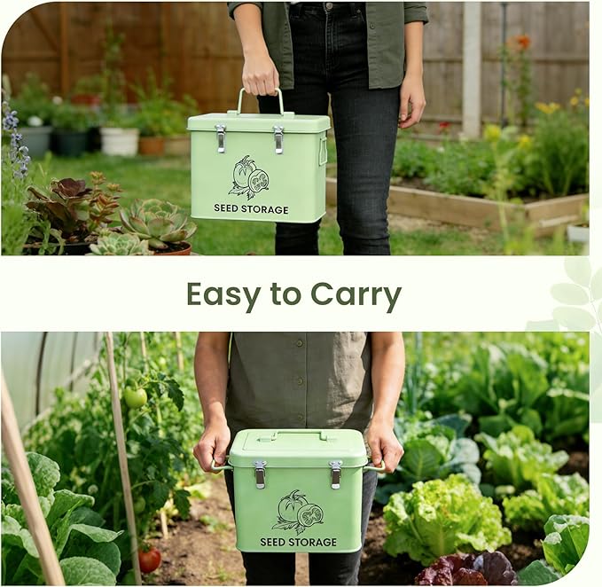 Seed Storage Organizer Box Metal Seed Box Garden Seed Organizer with Lid Seed Containers Storage with 3 Compartments 30 Seed Holder Organizers 50pcs Seed Envelopes (Green)