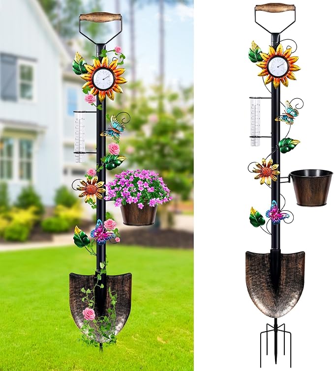 Garden Trellis with Thermometer Rain Gauge Outdoor 55 Inch Shovel Plant Trellis with Planters for Climbing Plants - Decorative for Patio Lawn Yard Backyard