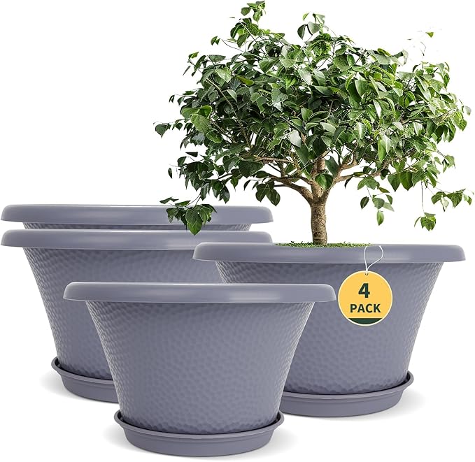 Quarut 12 Inch Large Planter Pot for Plants Indoor Outdoor 4 Pack Plastic Flower Pots with Drainage Hole &amp Tray Modern Decorative Garden Pot with Saucer Plant Container for House Grey
