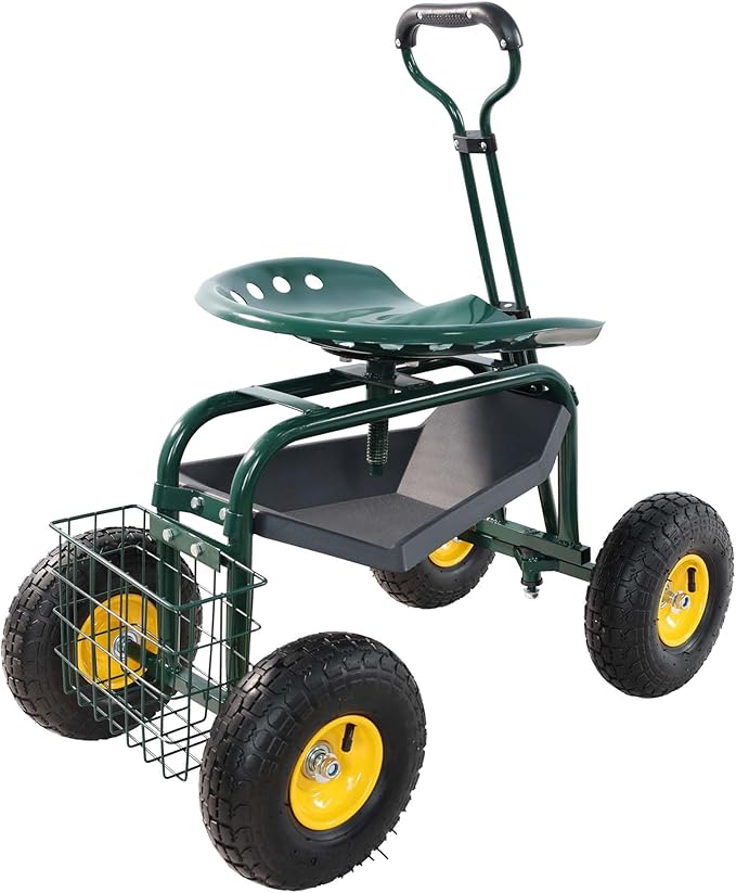 3-in-1 Garden Cart with Seat - Rolling Stool Adjustable Height Storage Tray &amp Utility Basket (Green)