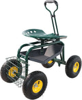 3-in-1 Garden Cart with Seat - Rolling Stool Adjustable Height Storage Tray &amp Utility Basket (Green)