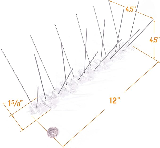 Bird Barrier Bird-Flite Stainless Steel Bird Spikes | Metal Pins Strips with Plastic Base Clear Glue Adhesive Included - Wide (5in) - 25 Ft. Length