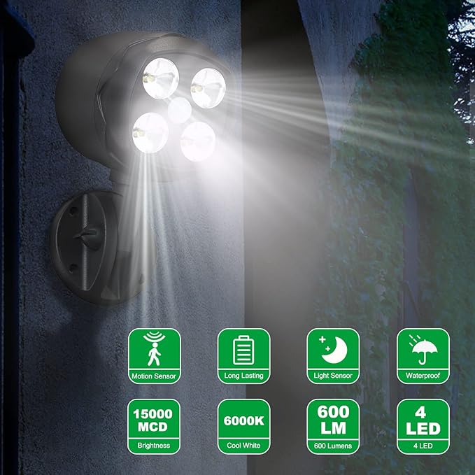Motion Sensor Outdoor Lights Battery Operated Outdoor Light 600LM Motion Detector Lights for Outside 6000K LED Security Light Battery Powered Spotlight for House Wall Black(2 Pack)