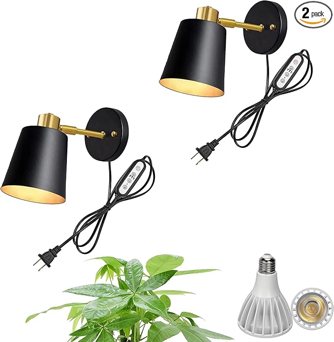 2-Pack Hook Type Wall Mounted Plant Light Full Spectrum White Light 6000K 25W Bulb Black Modern Plug in Cord Timing Wall Lamps for Indoor Growing Plants Flowers