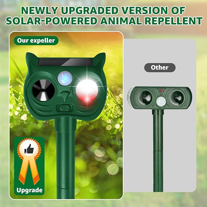 Solar Ultrasonic Animal Repellent Outdoor Motion Sensor Deer Repellent Devices Squirrel Cat Raccoon Rabbit Deterrent with Strobe Light Dual Mode Keep Skunk Away Protection for Yard Garden Lawn 1PC