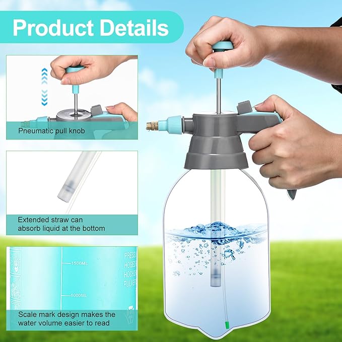 Nuogo 3 Pcs Handheld Pump Sprayer 2L Manual Garden Pressure Sprayer Pump Spray Bottle with Adjustable Brass Nozzle for Lawn Plants Weeds Spraying Watering(Blue)