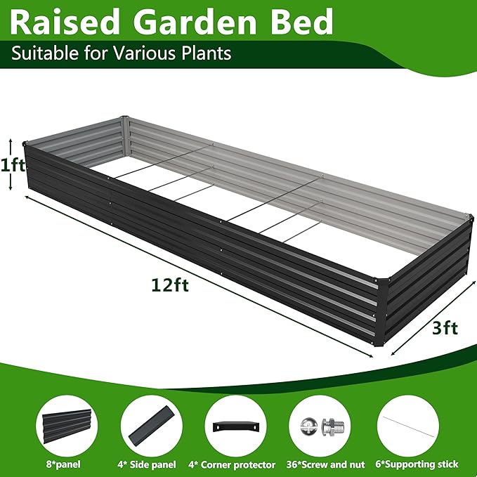 2PCS 12x3x1ft Galvanized Raised Garden Bed Kit Galvanized Planter Raised Garden Boxes Outdoor Large Metal Raised Garden Beds for VegetablesBlack