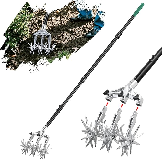 Rotary Cultivator Garden Tool for Gardening and Lawn(61'') Rotary Hand Tiller with Detachable Thicker Tines&ampSturdy Steel Handle Manual Tiller Cultivator for Soil or Reseeding Grass