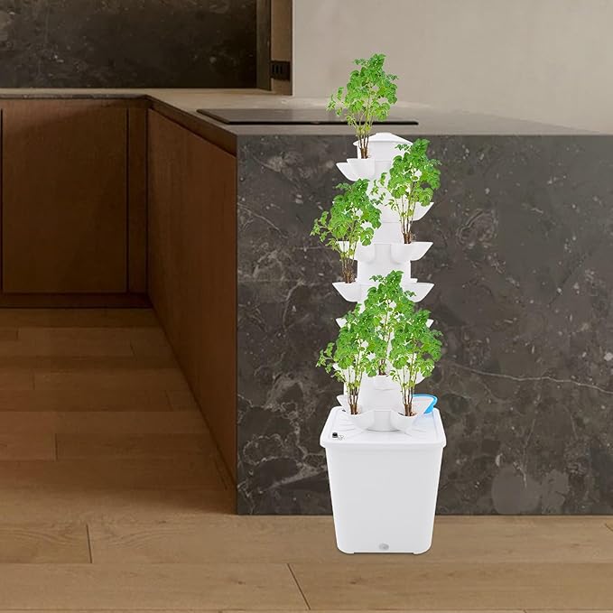 7-Tier Hydroponic Growing Tower 35 Plant Sites Vertical Garden System with Brushless Water Pump 2.64gal Water Tank Indoor Soilless Planting Kit for Herbs Fruits Vegetables (White)