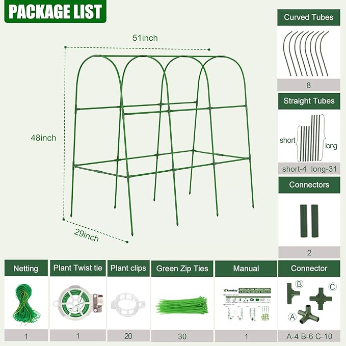 Amoskey Cucumber Trellis for Raised Beds Cucumber Trellis for Climbing Plants Outdoor with Garden Netting and Plant Clip Metal Arch Garden Trellis Ideal for Cucumbers Tomatoes and Flowers