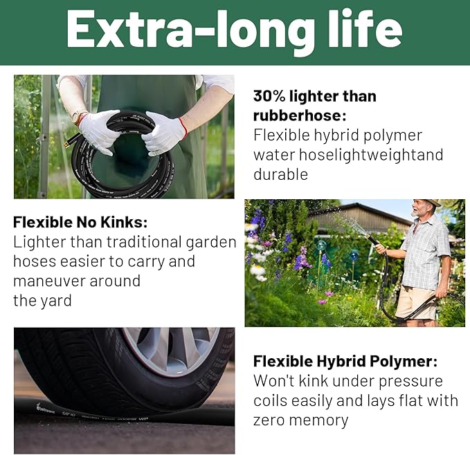 150 ft Garden Hose 5/8 in Heavy Duty Water Hose Flexible and Durable Lightweight Rubber Hybrid Hose Leak-Free Connections Male to Female 3/4'' Brass Fittings for Patio Lawn Black