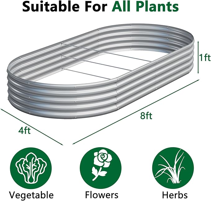 zizin 2 Pack Galvanized Raised Garden Bed Metal Oval Raised Garden Beds Outdoor Planter Box for Vegetables (8x4x1FT Silver)