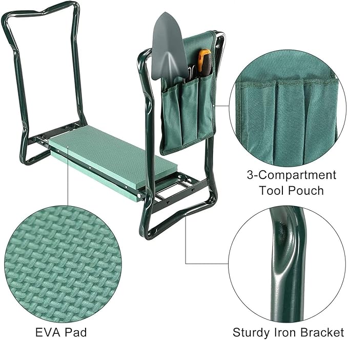 KANDUO Garden Kneeler Seat with Thicken Kneeling Pad and Tool Pouch Foldable Stool Portable Garden Kneeler Seat for Gardening Lovers