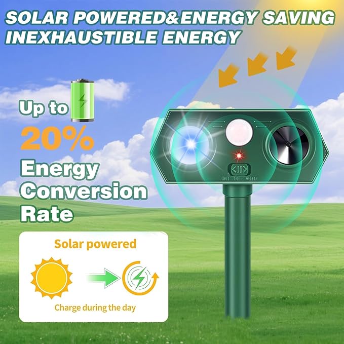4Pack Solar Ultrasonic Animal Repellent Outdoor Cat Repeller Outdoor Deer Repellent Devices Motion Detection with Motion Sensor for Yard Predator Lights with Red&ampBlue to Scare Rabbit Raccoon