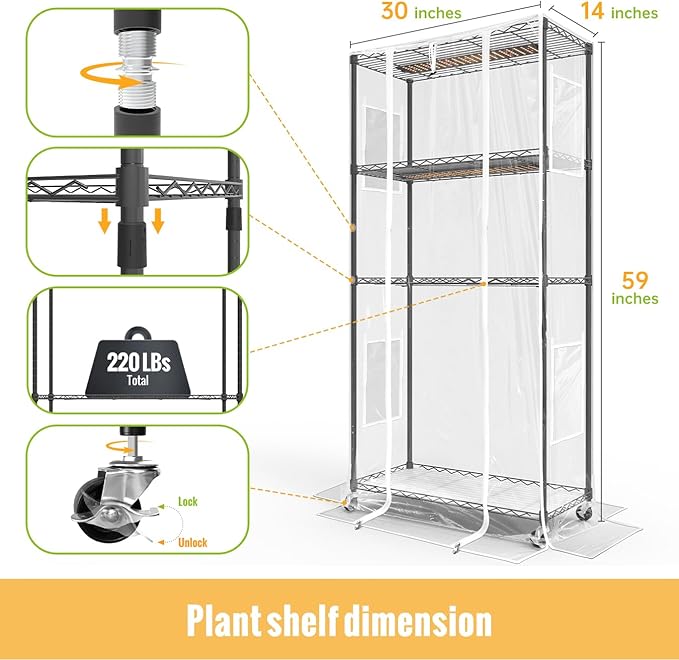 Indoor Greenhouse with Grow Light and Shelves - 4 Tier Plant Stand with Grow Light Zippered PVC Cover and 3 Dimmable 1.8FT 60W Grow Lights with Timer 30 L X 14 W X 59 H Black