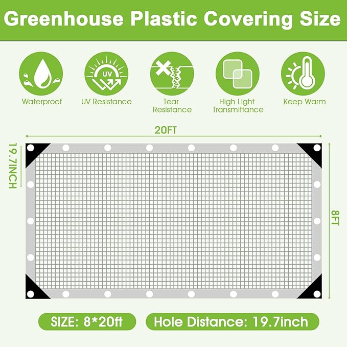 16 Mil Clear Plastic Tarps Heavy Duty Waterproof 8x20 FTGreen House Plastic Covering SheetingUV Resistant Greenhouse Cover Clear Tarp with Grommets for GardenFarmsNurseryChicken Coop Winter Wrap