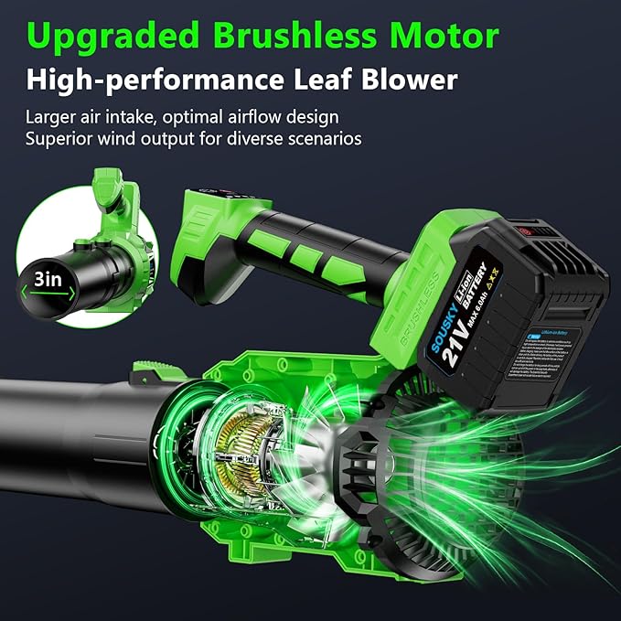 Leaf Blower Cordless Battery Leaf Blower with 2 * 6.0Ah Batteries and Charger 21V Brushless Electric Leaf Blowers with 5 Speed Levels and Turbo Mode for Lawn CareBlowing LeavesYard Cleanup