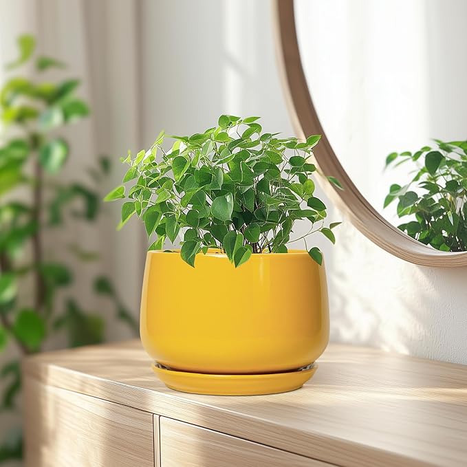 G EPGardening Ceramic Pots for Plants - 7 Inch Plant Pot with Drainage Hole and Saucer Modern Ceramic Planter for Indoor Outdoor Round Flower Planter Gifts for Plants Lovers Home Decor Yellow
