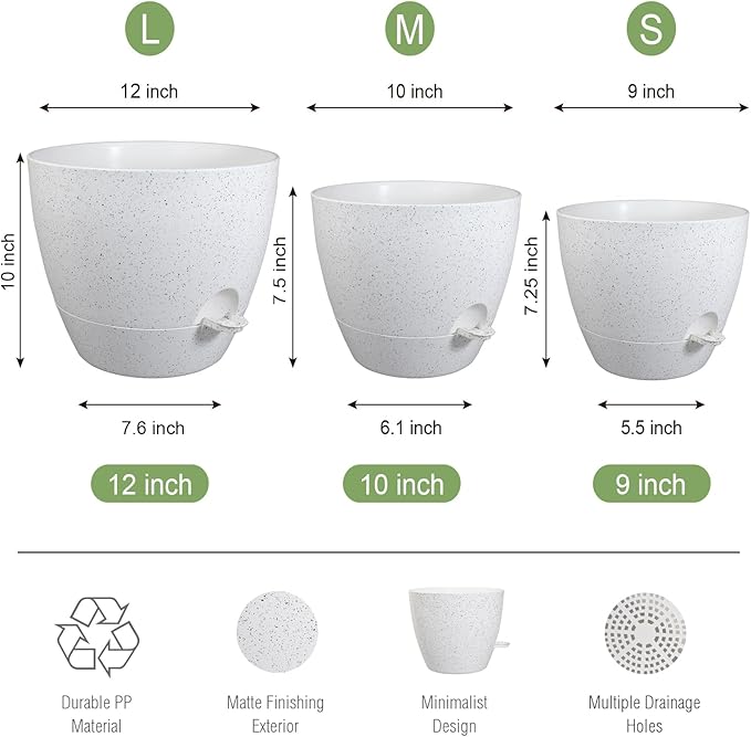 Large Self Watering Pots 12/10/9 Plastic Planters with High Drainage Holes and Deep Reservoir for Indoor Outdoor Garden Plants and Flowers White Speckles