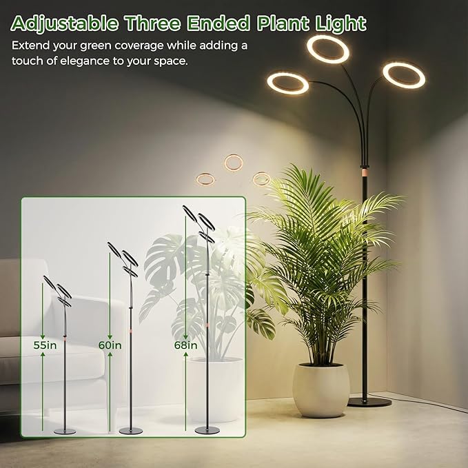 hree Heads 42W 196 Led Full Spectrum Plant Light 5.5FT Adjustable Height Standing Grow Light 3/9/12H Timer Grow Lights for Indoor Plants