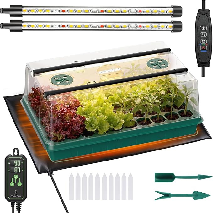 Seed Starter Tray with Grow Light and Thermostat Controller Heat Mat 10x 20.75 Heat Mats for Plant Growing68-113°F AdjustableColor Change Grow LightsGermination Trays Kits (Green 60 Cells)