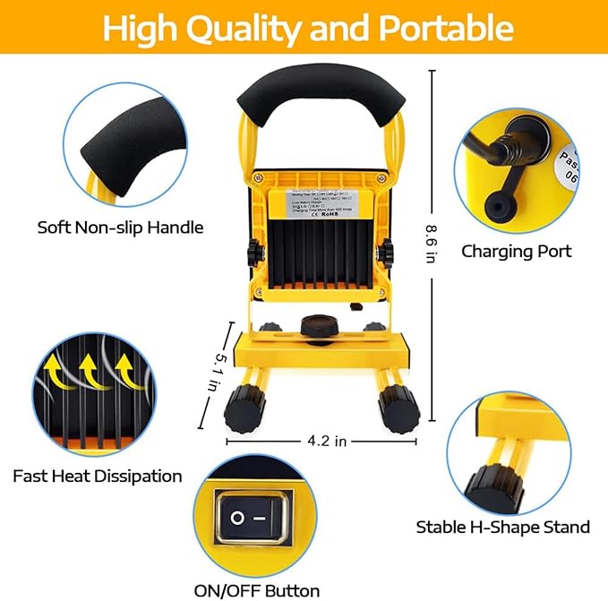 LED Rechargeable Work Floodlight10W /20W USB Battery Light Super Bright 2000LM Waterproof Outdoor Stand Lamp for Car Garage Camping(20W)