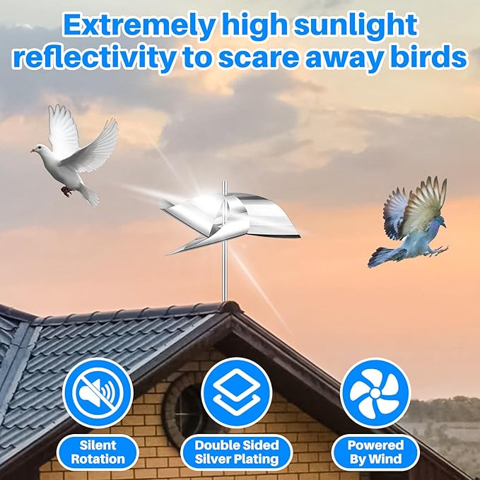 Qualirey 4 Pack Reflective Pinwheel Bird Deterrent Spinning Reflective Kites Bird Scare Device Keep Pigeon Woodpeckers and Sparrows Away Outdoor Use Boats Roofs Vegetable Gardens