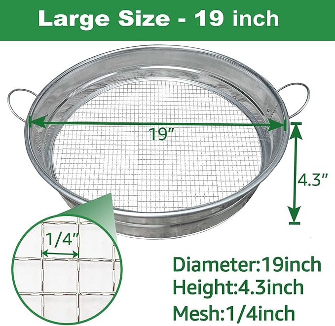 19'' Extra Large Soil Sifter with Handles Compost Sifter for Gardening Dirt SifterRock SifterGarden Sieve for Compost Dirt Rocks Pellet Gravel Sand LeavesGarden Tool 19 x19x4.3 with 1/4 Mesh
