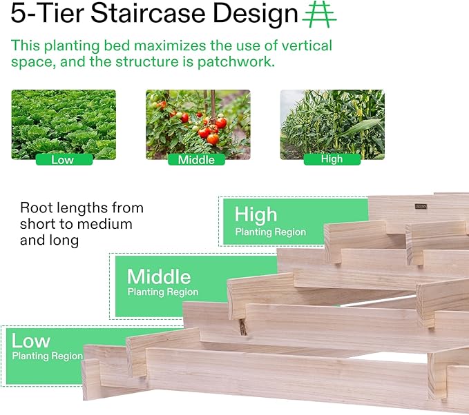 VIVOSUN 5-Tier Wooden Raised Garden Bed 42 x 42 x 14 Inches Outdoor Wood Planter Box with Gloves and Liner for Garden Patio Balcony Backyard and Outdoors