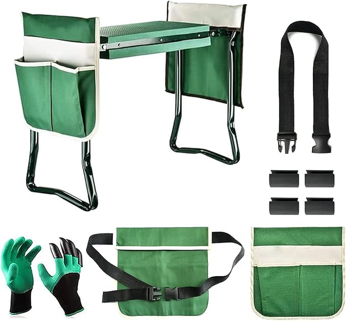 BDL Garden Kneeler and Seat Upgraded Folding Bench Stool Portable Kneeler Sturdy Gardening Tools with 2 Free Tool Pouch Detachable Belt A Pair of Garden Gloves EVA Kneeling Pad