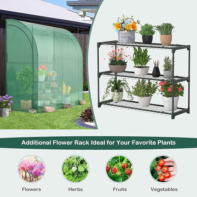 Happygrill Greenhouse Lean to Greenhouse with 3 Tiers Flower Rack Weatherproof PE Cover &amp Roll-up Zipper Doors Greenhouses for Outdoors Garden Backyard Balcony