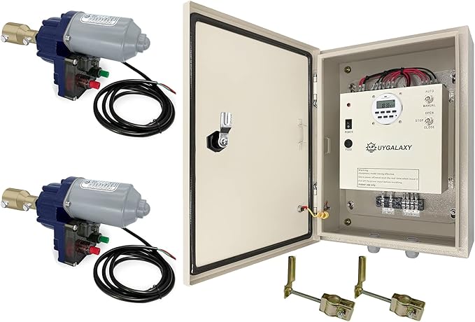 UYGALAXY Top Roll Up Motor System 2 Pack Electric Greenhouse Film Roll Up Motors + Transformer Timer Controller Joint Box(AC110V to DC 24V) for Roof Greenhouses Ventilation Automatic Venting Kit