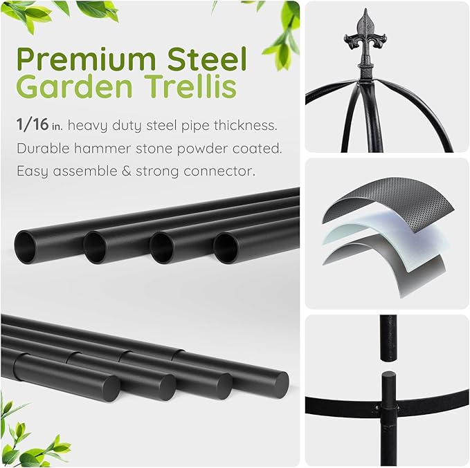 Idzo 100% Metal Obelisk Trellis for Climbing Plants Outdoor 6ft - 72in Heavy Duty Black Garden Trellis for Climbing Vine with Stone-Look Finish 1pc