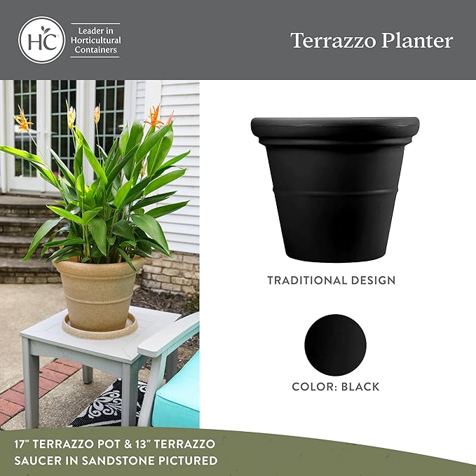 The HC Companies Terrazzo Large Round Plastic Plant Pot w/Rolled Rim - Lightweight &amp UV Resistant Gardening Pot for Herbs &amp More - Outdoor &amp Indoor Plant Pots w/Drainage (20” Black Pack