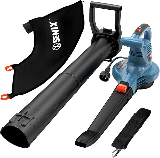 SENIX 12 AMP Leaf Blower 3-in-1 Handheld Electric Leaf Blower Vacuum and Mulcher 420 CFM 179 MPH AirflowCorded Blowers with Reusable Collection Bag (BLVE12-M)