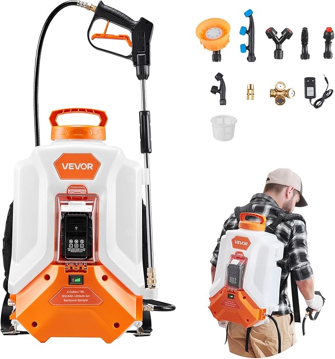 VEVOR Battery Powered Backpack Sprayer Electric Back Pack Sprayer 4 Gallon 2 Wands &amp 8 Nozzles Adjustable 0-90 PSI 4H Runtime Portable Lawn &amp Garden Sprayers for Weeding Spraying Cleani